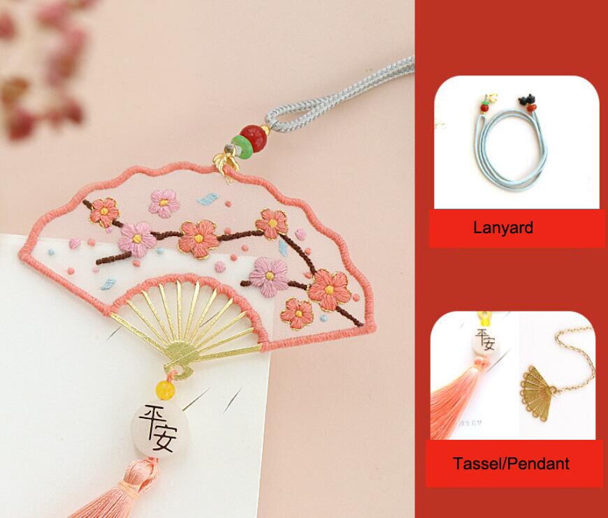 Handmade Diy w kształcie wachlarza zakładki wieszak samochodowy haftowany materiał torba z frędzlami dwustronny haft Ping Fu na prezenty Deco: A495