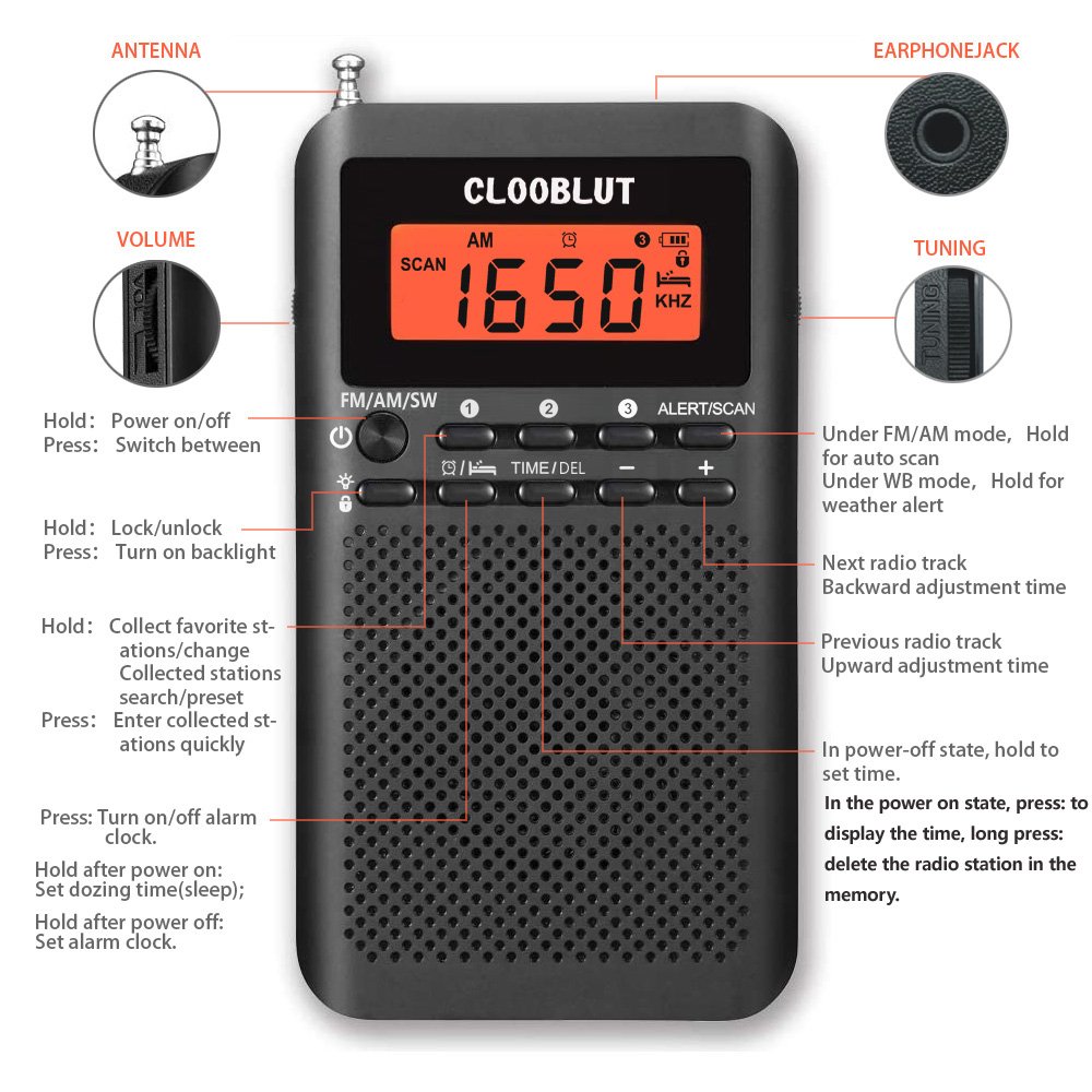 Rd218 fm/ am/sw-radio, bärbar batteri,  by 2 aa , stereohörlurar, lcd-skärm, digital väckarklocka, sovfunktion, ,9/10 steg, används över hela världen