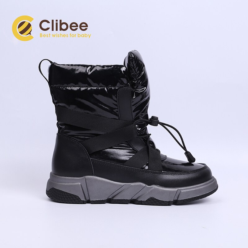 Clibee Meisjes Winter Sneeuw Laarzen Met Warme Wol Linning Grote Kinderen Platte Comfort Waterdichte Laarzen Met Ajustable Elastische Kant 32-37: BLACK / 36