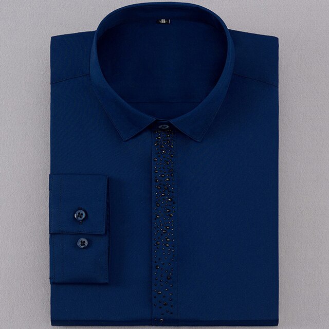 Men's Diamond Hidden Buttons Dress Shirt Pocket-less Long Sleeve Standard-fit Wrinkle Resistant Shirts: Navy Blue / 38