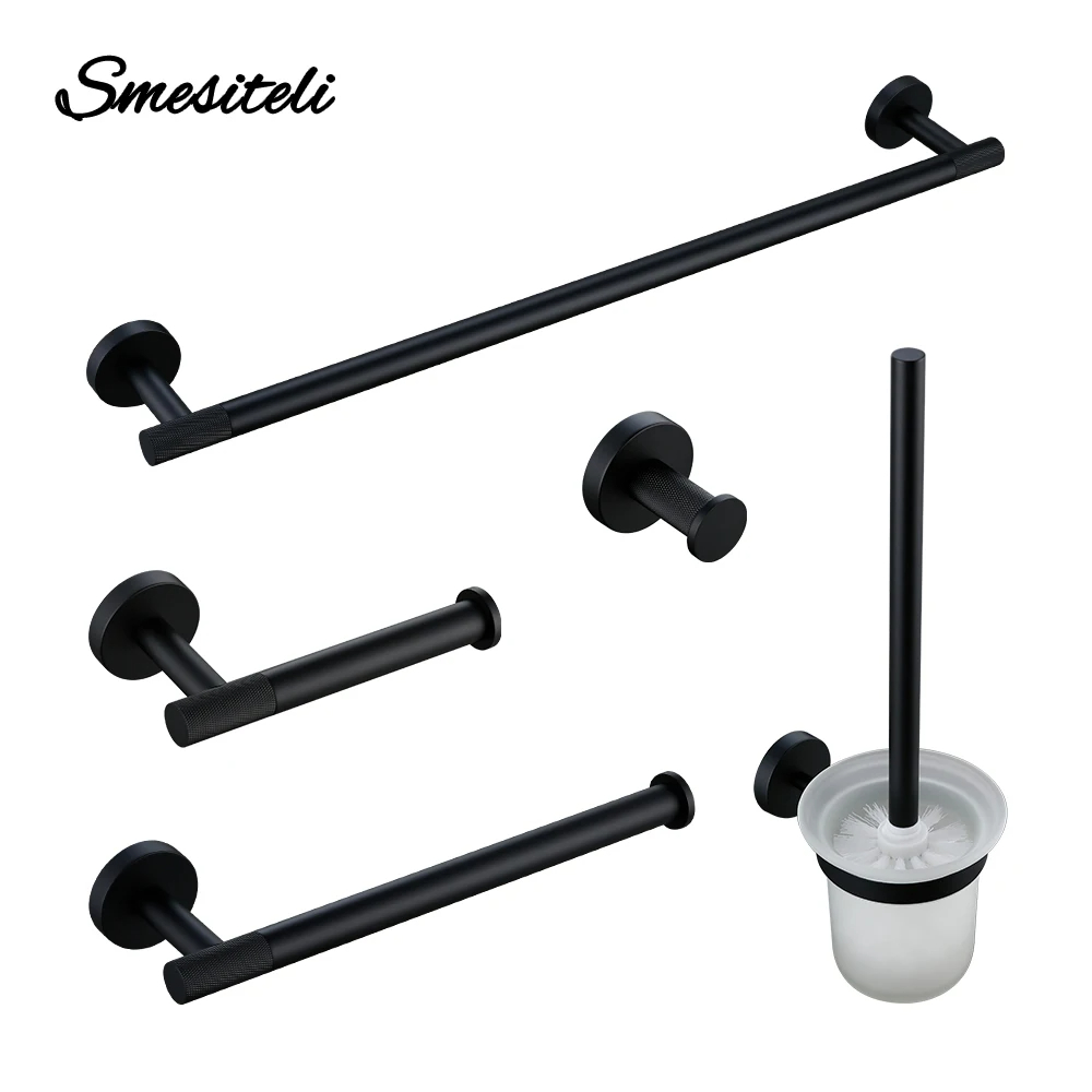 Zwarte Badkameraccessoires Messing Kartelset Papierhouder Handdoekenrek Plank Enkele Handdoekhouder Toiletborstelhouder Haak