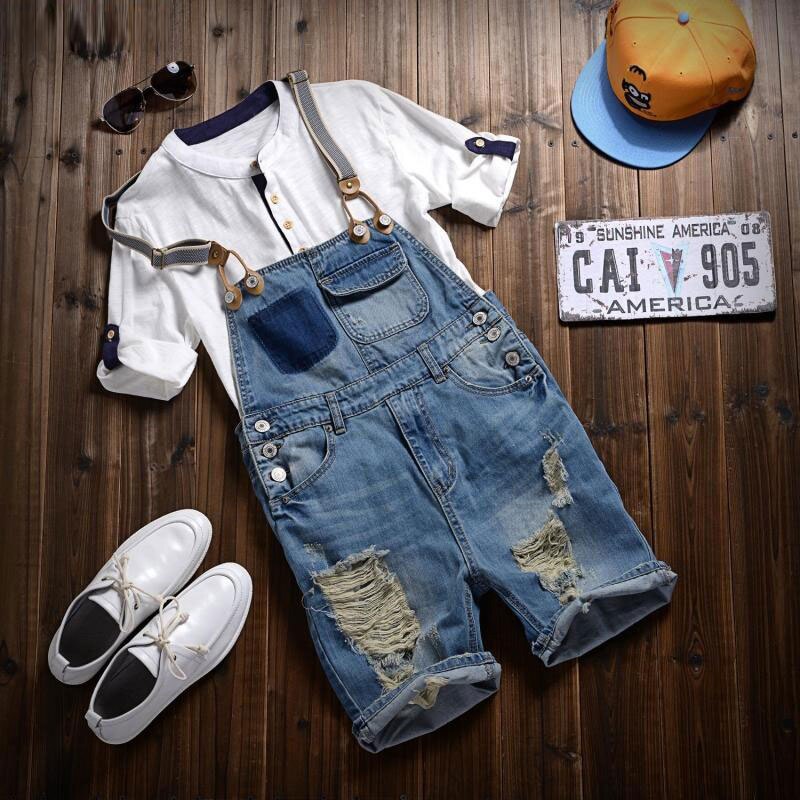 Heren strakke rechte broeken distressed jeans gescheurde jumpsuit gewassen jeans denim overalls mannelijke casual broek bretels slabbetjes