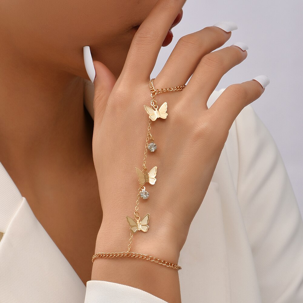 Neue Trendy Schmetterling Kette Finger Armbänder Weibliche Gold Farbe Armband Link Ring Hand Harness Schmuck Hochzeit Partei