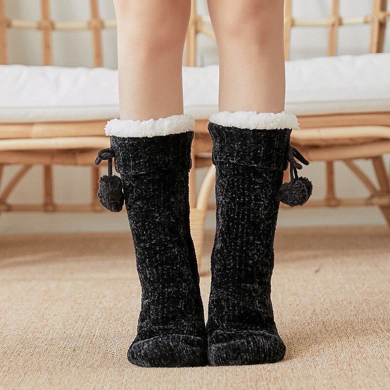 Winter Warm Soft Fluffy Ball Bed Socks Ladies Women Home Floor Slipper Coral Velvet Fleece Sock Winter Floor Boots