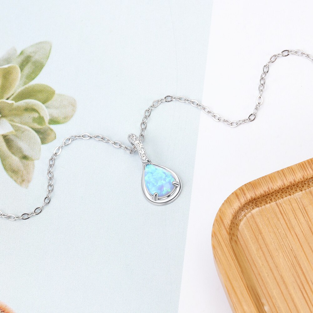 Conjuntos de joyería de plata de ley 925 para mujer, Circonia cúbica azul Ópalo, pulsera, pendientes, cadena, collar, conjuntos de joyería (Lam Hub Fong)