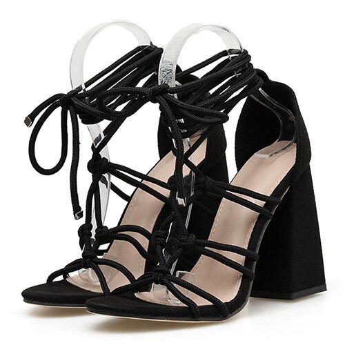 Gdgydh, Sandalias de tacón grueso con cordones, zapatos de gladiador romano para mujer, zapatos de tacón alto, calzado femenino para club nocturno, correa de tobillo negra: 8,5