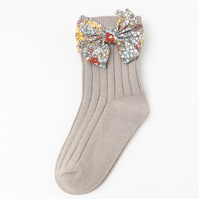 Flower Printed Kids Socks Cute Bows Spring Autumn Baby Girl Short Socks Soft Cotton Children Toddler Floor Socks: Gray