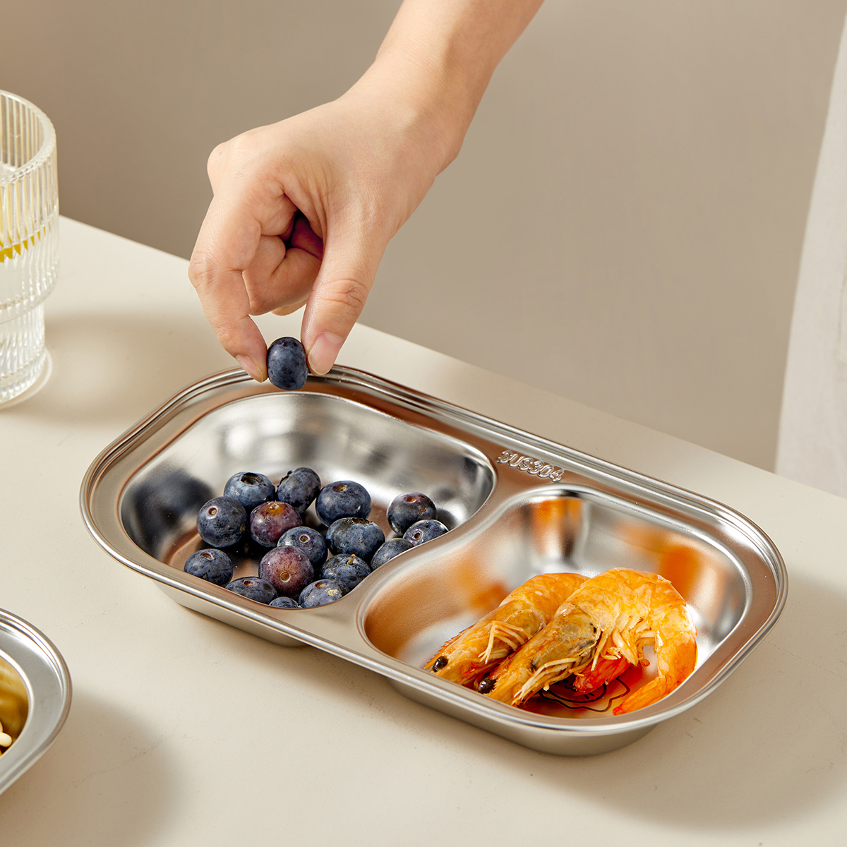 WORTHBUY Stackable 304 Stainless Steel Dinner Plate Kid Divided Dining Plate Cute Snack Tray With Compartments Kitchen Tableware