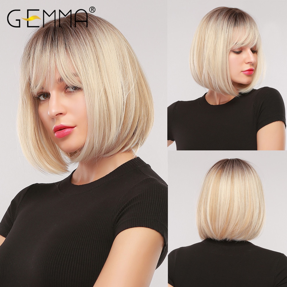 GEMMA – perruques synthétiques Bob courtes et lisses avec frange pour femmes, perruques Afro ombrées noires brunes jaunes blondes, cheveux quotidiens de fête Cosplay