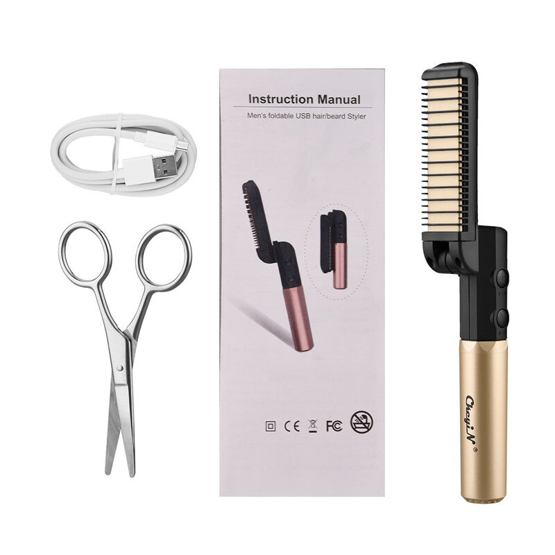 Peine alisador de barba plegable para hombre, plancha de pelo con vibración inalámbrica, cepillo eléctrico para alisar, Peinador rápido 45