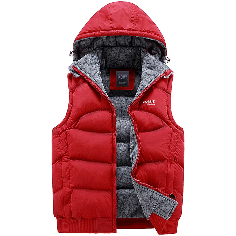 Mode Mouwloze Jas Mannen Verdikking 100% Katoenen Vest Hoed Hooded Warm Vest Winter Vest Mannen Casual Windjack: M / Rood