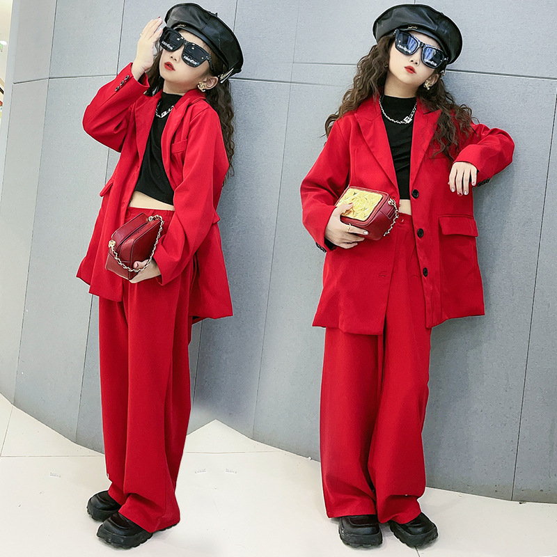 Pak Voor Meisjes Rode Losse Casual Blazer Wijde Pijpen Broek Twee Stukken Tiener Kinderen Outfits 12 13 14 Jaar Kid 'S Kostuum