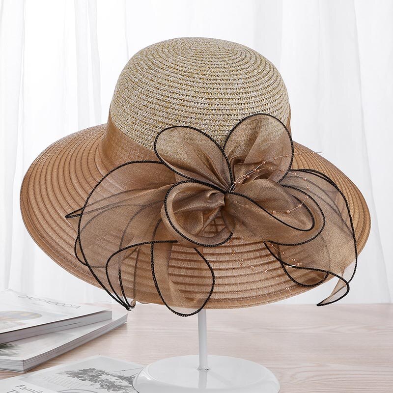 Ymsaidhigh Guality Elegante Vrouwen Kerk Hoeden Voor Zomer Mode Grote Bloem Zonnehoed Brede Rand Strand Casual Strand Chapeu Feminino: Khaki