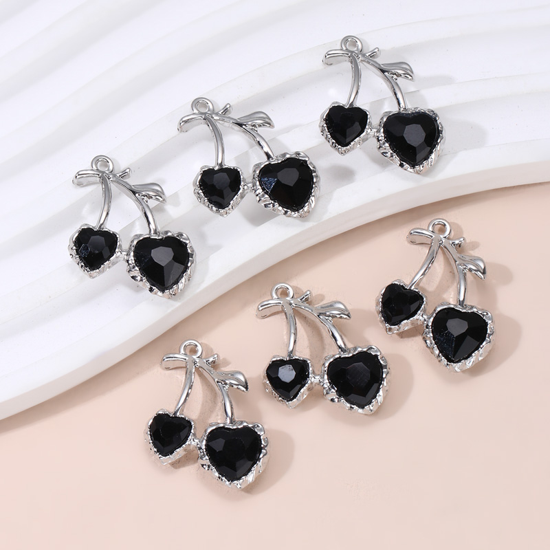 5 stks Mode Hart Cherry Cross Emaille Bedels Y2K Stijl Dark Gothic Hangers Voor Maken Handgemaakte DIY Bevindingen Sieraden: Rhodium Plated
