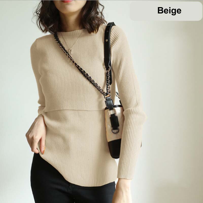 Zwangerschapskleding lange mouwen dames tops slanke voedingskleding herfst winter dames trui comfortabele zwangerschapsoutfit: Beige