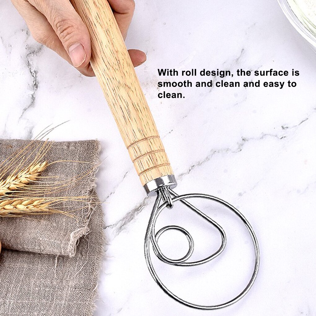 Stainless Steel Blender For DIY Bread Dough Bakeware Dough Whisk Eggs Beater Mixer Tool Oak Wood Handle Kitchen Baking Mixer