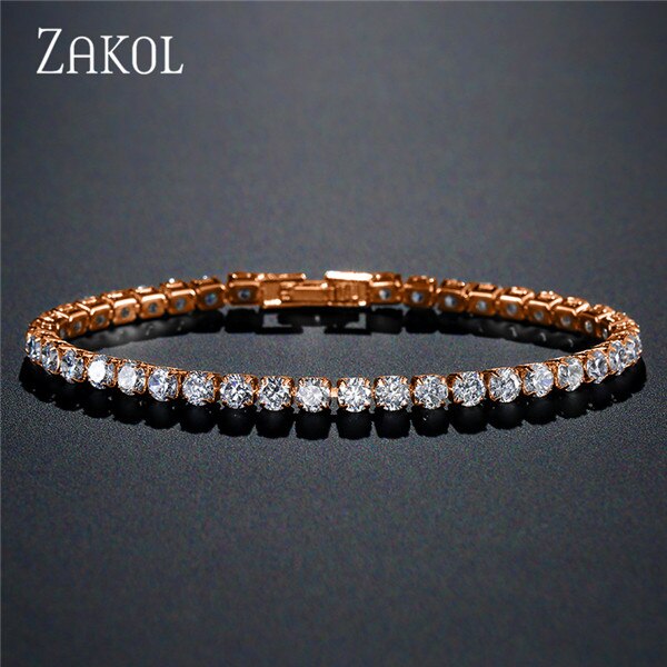 ZAKOL Hip Zirconia cúbica redonda cristal tenis pulsera y brazaletes para mujeres boda joyería Mujer FSBP171: Rose Gold 4mm