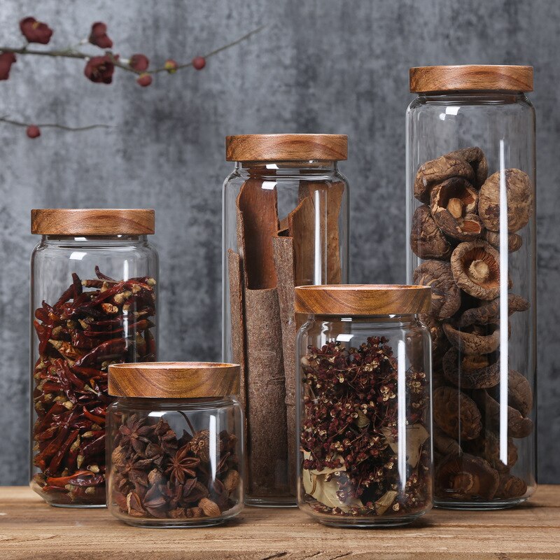 Envase hermético de vidrio con tapa de madera, frascos de botellas de almacenamiento para cocina, contenedor de alimentos, granos de té y café, contenedores de granos, ZM1013