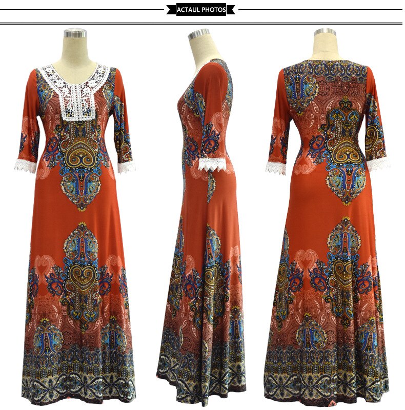 7XL Print Bohemia Dress Women Africa Ethnic Clothing Half Sleeve Beach Vacation Long Dresses Dubai Arab Abaya Kafan Muslim Robe