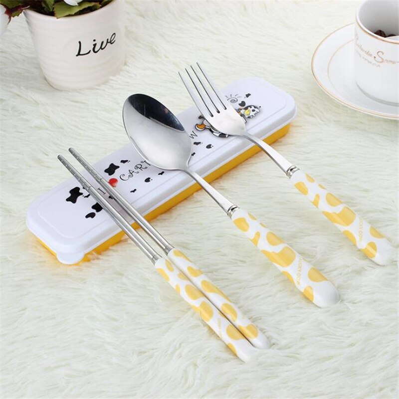Baby Kids Cute Fork Spoon Cutlery Set Cartoon Ceramic Handle Stainless Steel Children Chopsticks Fork Cutlery Portable Tableware: Yellow 3pcs