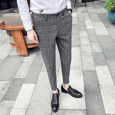 Hoge lente heren geruite casual broek slanke trendy geruite kleine broek koreaanse stijl kleine voeten lange broek: Grijs / 29