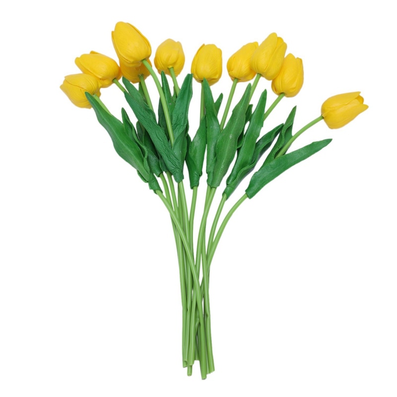 10Pcs Geel Latex Real Touch Tulp Bloem Met Bladeren Voor Bruiloft Boeket Versieren: Default Title