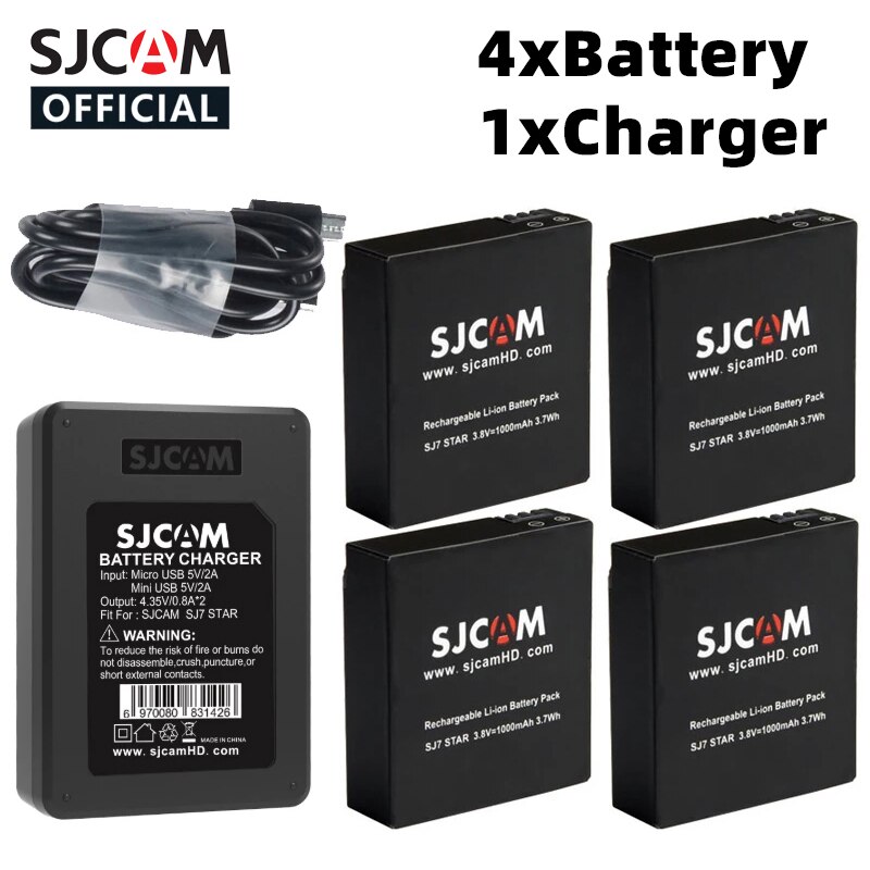 Originele SJCAM 4x Batterij En 1x Dual Charger Voor SJCAM SJ4000 SJ5000 SJ5000X M10 M20 SJ6 SJ7 SJ8 Pro SJ9 SJ10 PRO SJ10X Actie Camera