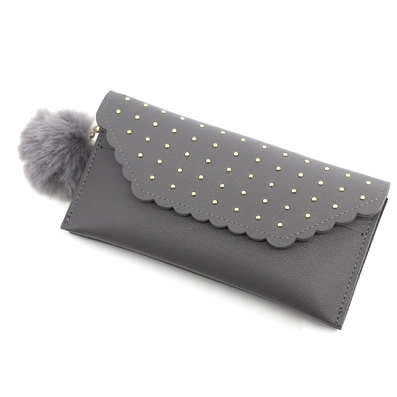 Wallet For Women Retro Rivet Hasp Long Ladies Wallet Card Purse PU Leather Wallet With Fur Ball Ornaments Phone Bag: Gray-A