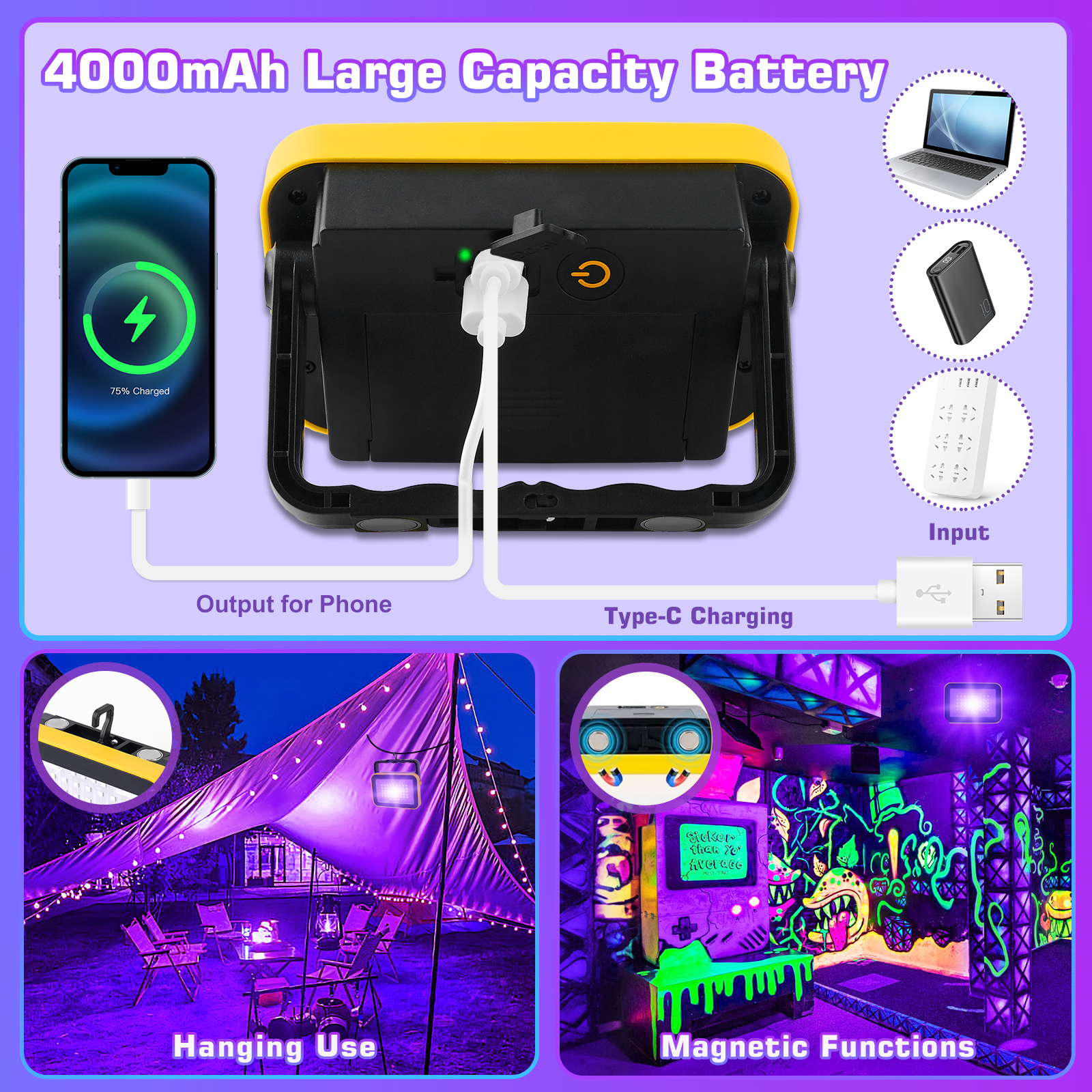 Luces LED UV negras, luz de trabajo, luz negra para escenario, luz ultravioleta con efecto de inundación para Halloween, Navidad, baile, DJ, Disco