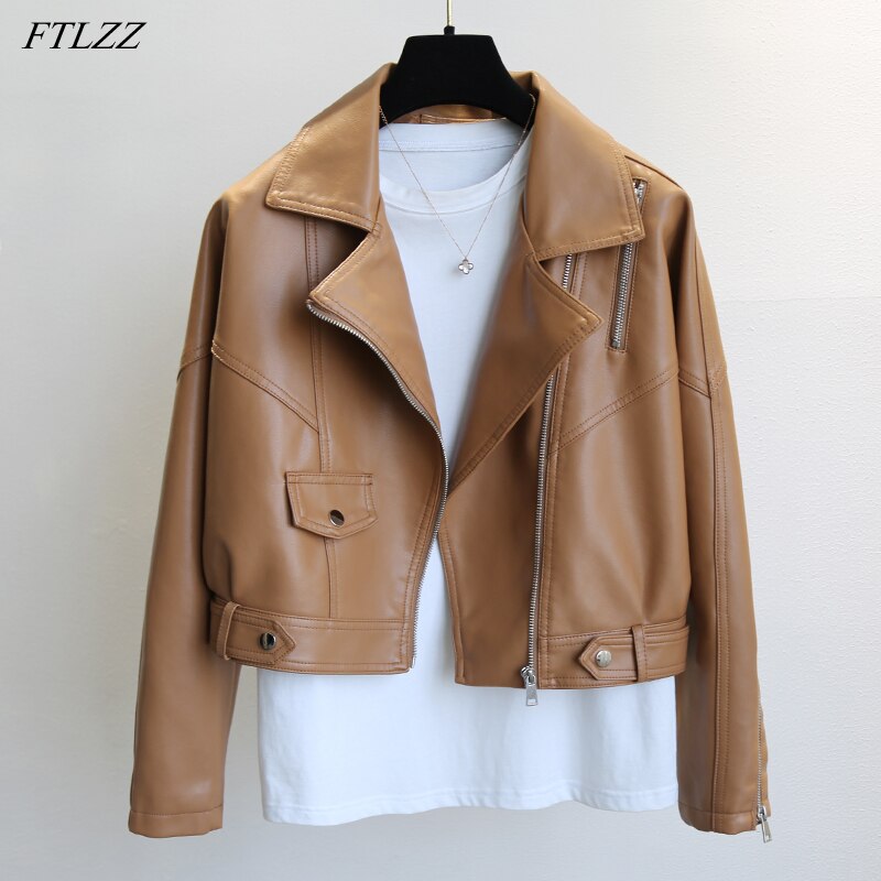 FTLZZ-Chaqueta corta de cuero sintético para mujer, ropa informal suelta para Moto, prendas de vestir de piel sintética suave, primavera y otoño