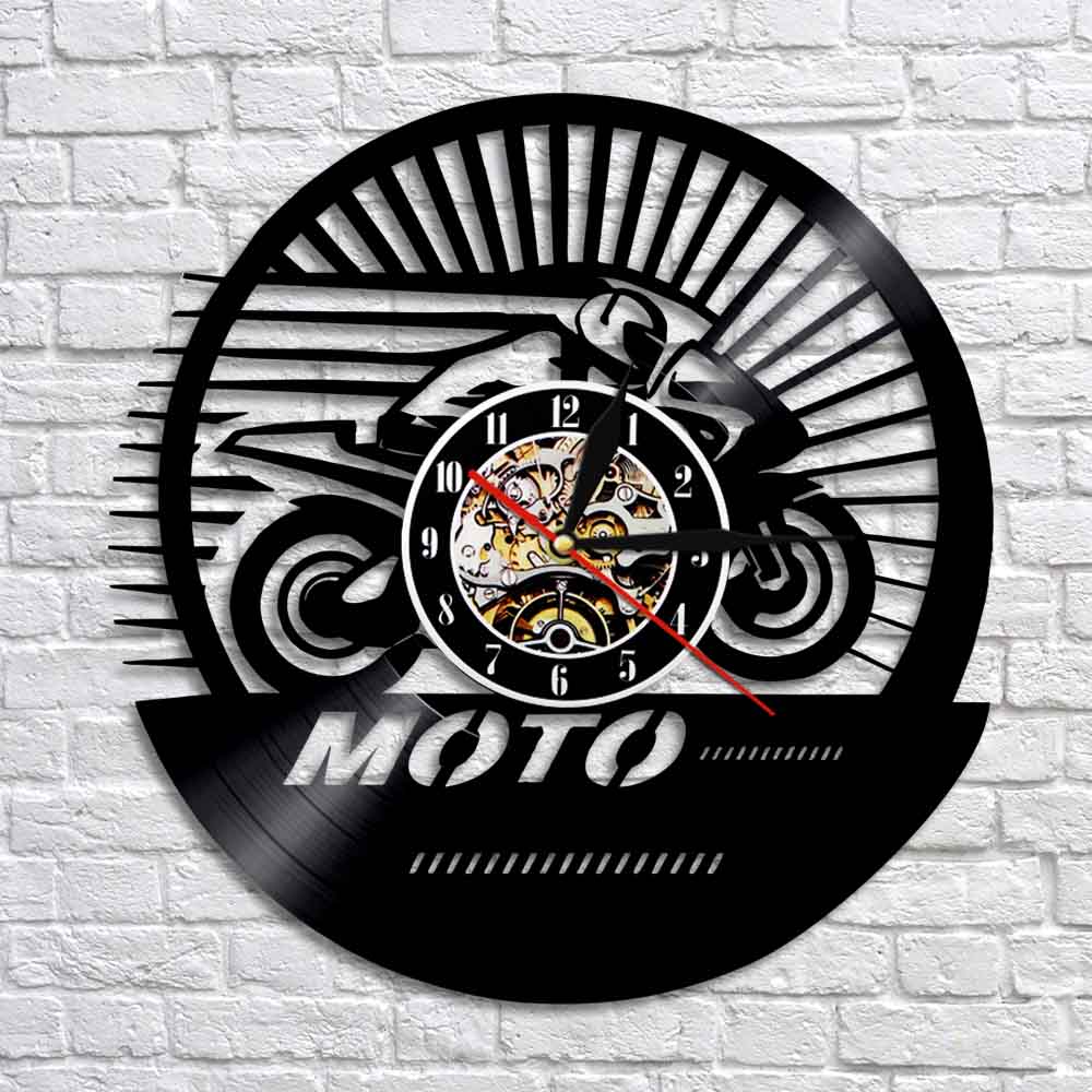 Motobiker Moto-Cross Vinyl aufzeichnen Wanduhr Jahrgang Motorrad Geschwindigkeit Rennfahrer Wanduhr Motorradfahrer Dekorative Zauberstab Uhr