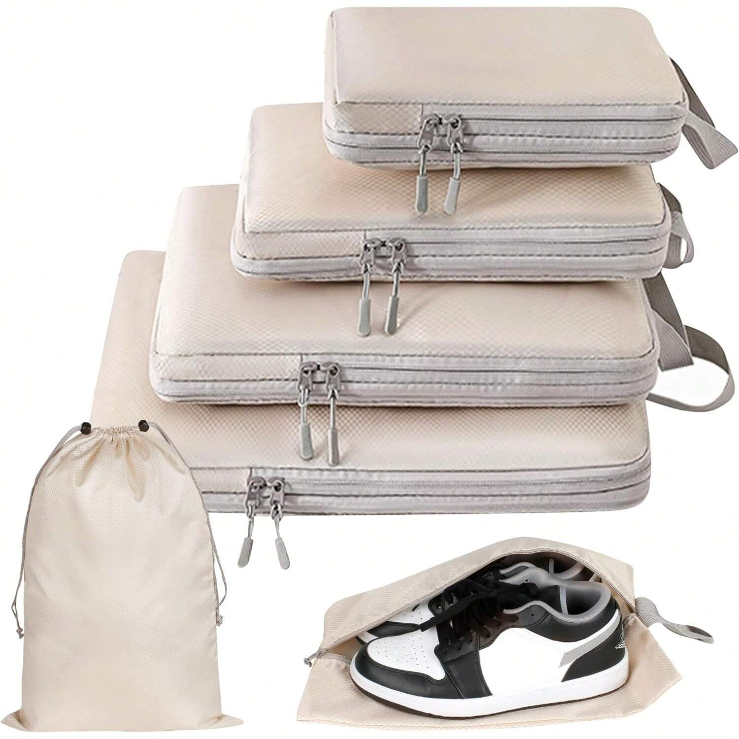 Set/6 stuks samendrukbare verpakking reisopbergtas kubussen waterdichte koffer nylon draagbaar met handtas bagage-organizer: Beige