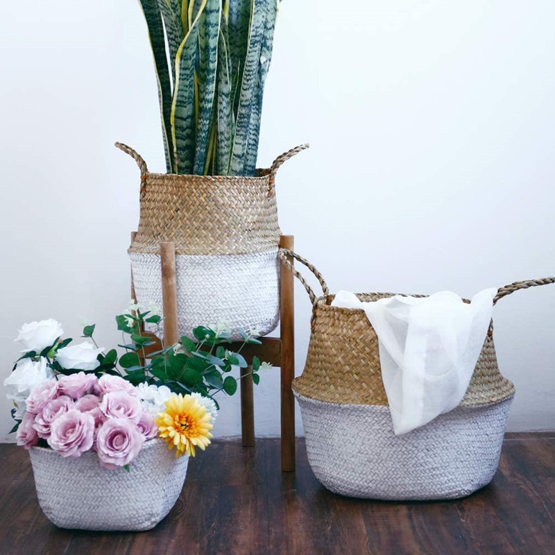 20cm Handmade Rattan Woven Basket with Waterproof Cover Foldable Seagrass Clothing Storage Basket Home Decor Flowerpot Organizer