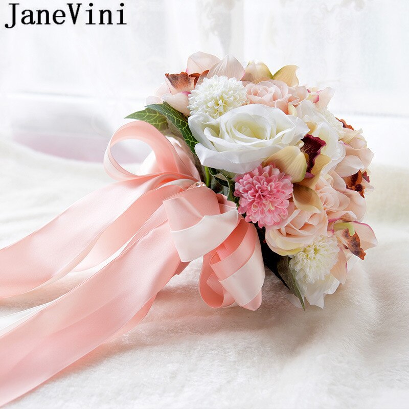Janevini Elegante Roze Roos Bruiloft Boeket Kunstbloemen Lint Handvat Bridal Broche Diamant Decoratie Bruid Boeket