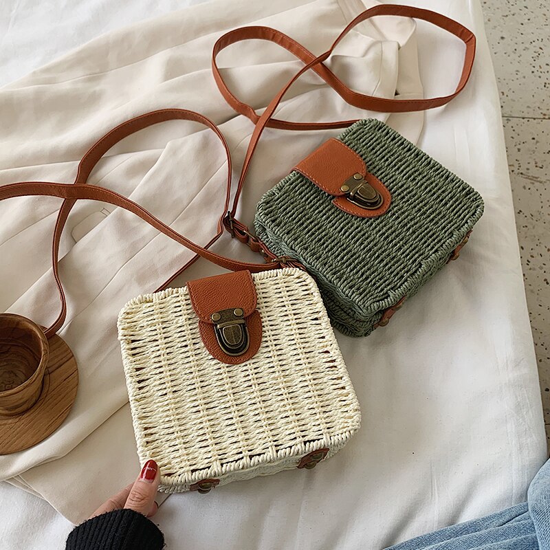 Caja informal de mimbre para mujer, bolso cruzado de mimbre de caramelo tejido para mujer, Bolso pequeño de playa para verano, bolso vintage con solapa bali