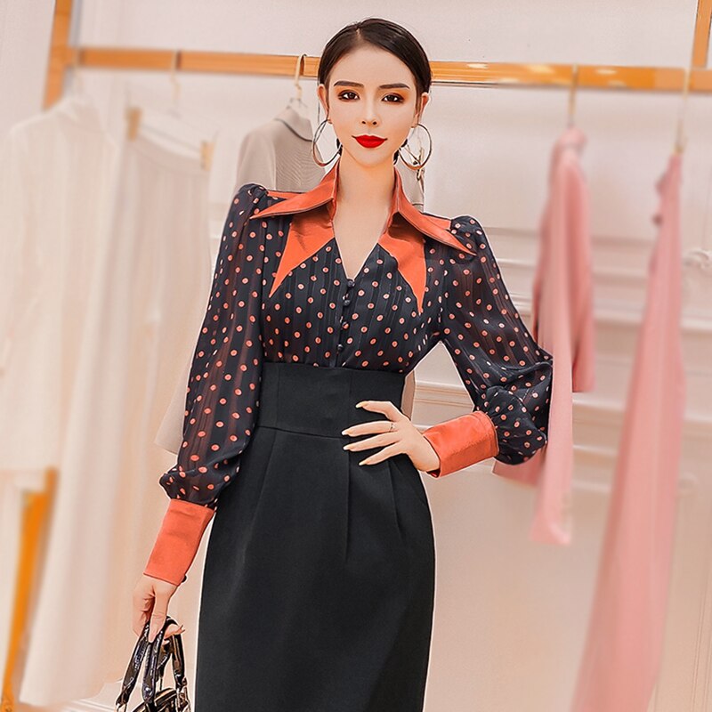 Vgh polka dot vintage skjorte for kvinner jakkeslag langermet casual gjennomsiktig chiffon elegant bluse kvinnelig høststil klær