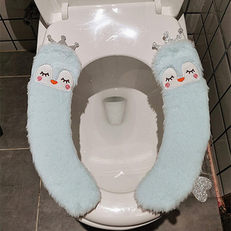 Four Seasons Toilet Seat U Shape With Handle English Style Home Cute Plush Fruit Animal: Blue Penguin