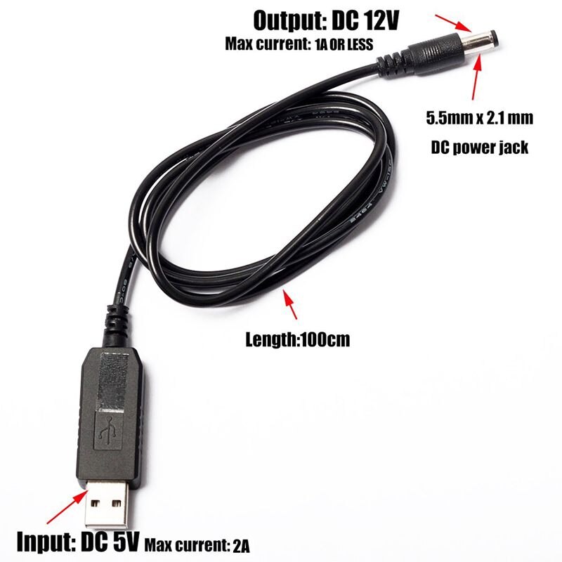 USB DC 5V a DC 12V, 2,1mm X 5,5mm para convertidor DC barril hombre conector enchufe de Cable de alimentación USB a DC Cable 1M (5V a DC