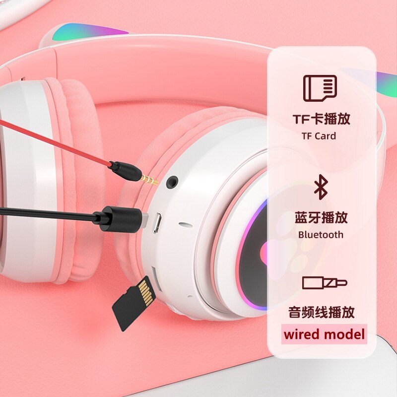 Glowing Light Cute Cat Bluetooth Kid Headphone with Mic Can Close LED Girls Music Bass Helmet Phone Tablet Wireless Headset