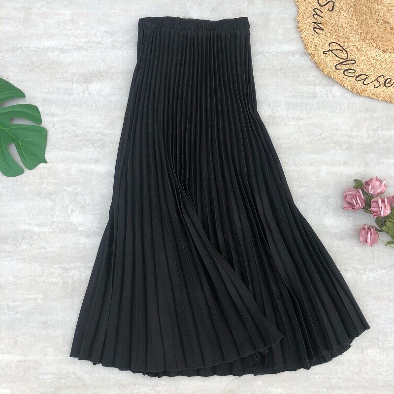 Faldas Midi plisada de gasa para mujer, faldas largas de cintura alta, Color liso, estilo informal, para primavera y verano: black