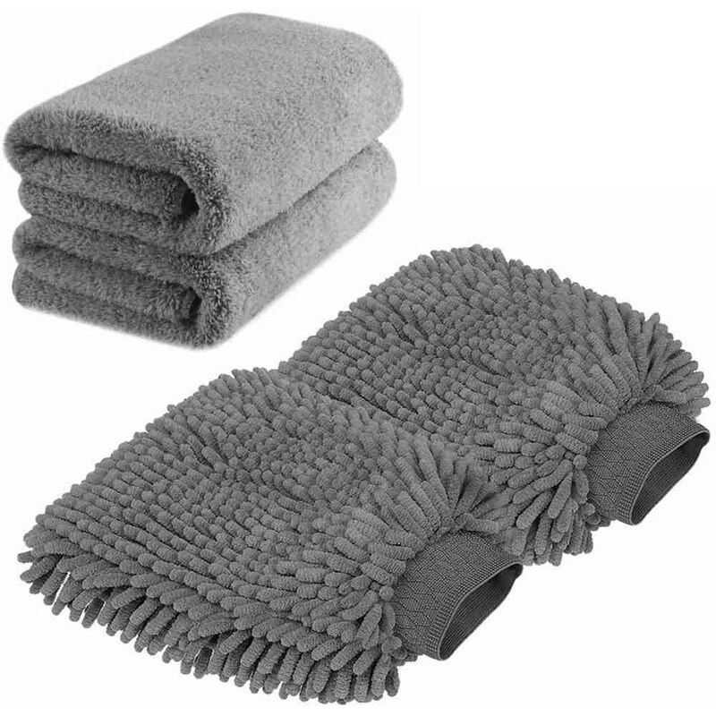 Stor vaskehandske i høj størrelse - premium chenille mikrofiber vaskehandske og mikrofiberhåndklæder - fnugfri - ridsefri  (2x håndklæder +