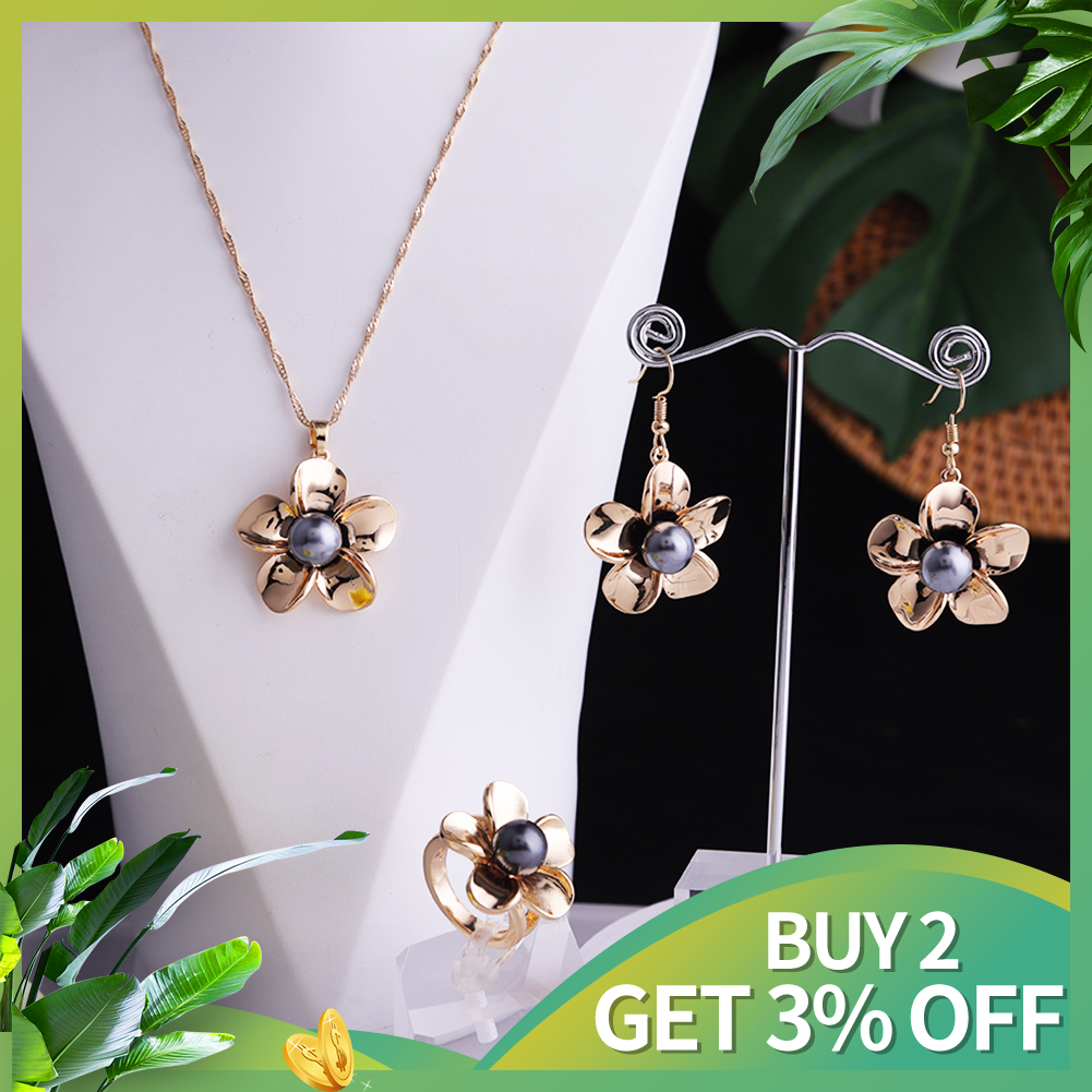 Cring Coco Plumeria Rubra Sieraden Sets Vergulde Parel Ring Oorbellen En Kettingen Vrouwen Mode Ketting Kettingen Set