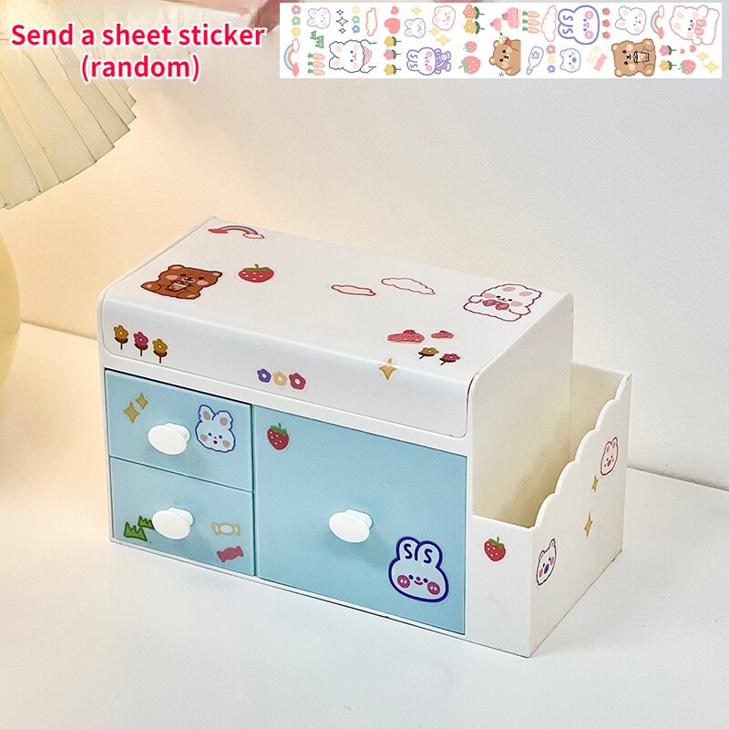 Caja de almacenamiento Kawaii para escritorio, cajón de plástico para bolígrafos, organizador de cosméticos para estudiantes, contenedor para el hogar, de pegatinas: blue send stickers