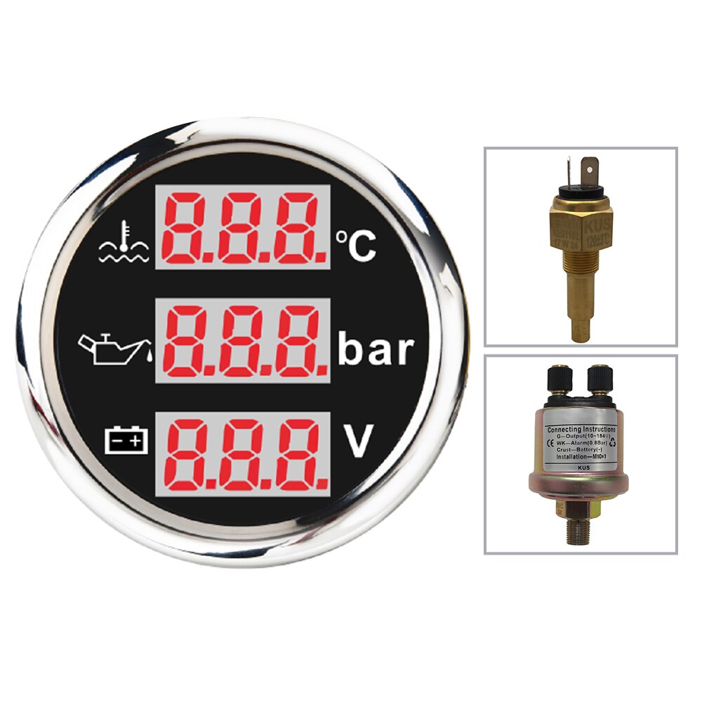 52mm Universal 3 in 1 Multi-Function Digital Gauge Waterproof Automotive Accessory Red/Yellow Backlight Available