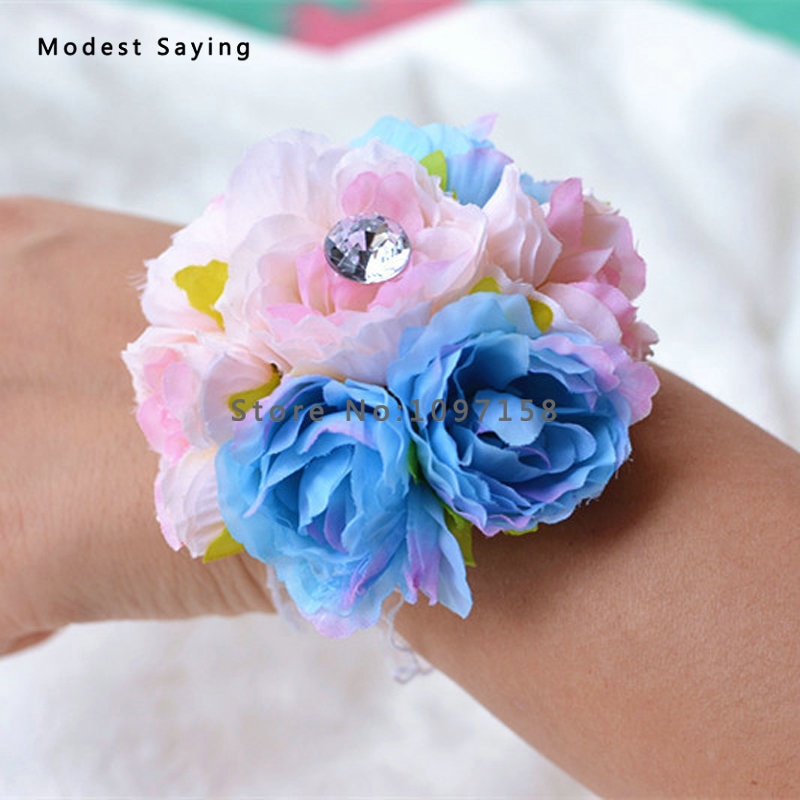 3pcs Romantic Blue Artificial Flowers Rosette Wedding Wrist Corsage for Bride and Bridemaid Wedding Party Prom Accessories