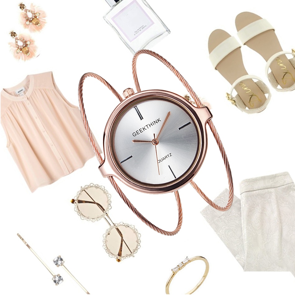GEEKTHINK Unique Brand Quartz Watch Women Bracelet Ladies Rose Gold Watch female Luxury Double Ring steel band casual