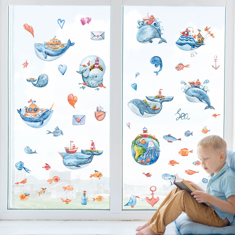 Film électrostatique de décoration de fond de fenêtre, produit mignon de dessin animé baleine, carrelage de salle de bains, porte en verre, film électrostatique