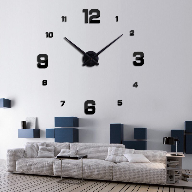 Wall Clock Modern Quartz Clocks Watch Mirror Sticker Diy Living Room Decor 3D Large Wall Clock: Black / 27 inch