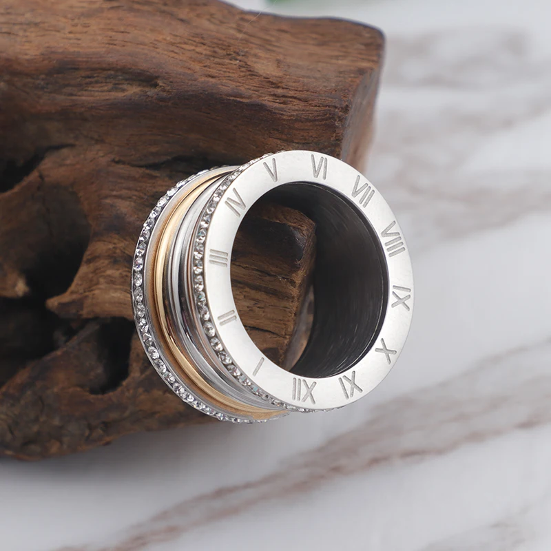 Anillos grandes elegantes de acero inoxidable para Mujer, anillo de circón brillante con alfabeto romano, Anillos gruesos para Mujer, joyería para y boda de lujo