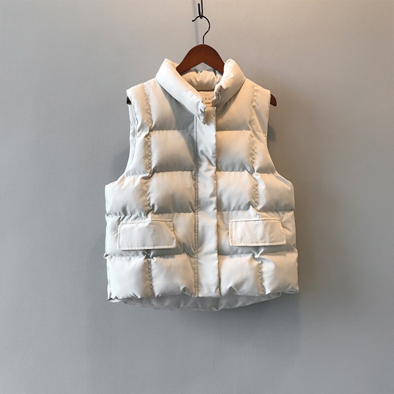Kvinder vintervest frakkestativ krave kvinder chic bomuldsvest varme toppe vest chaleco mujer gilet casaco feminino: Beige / M